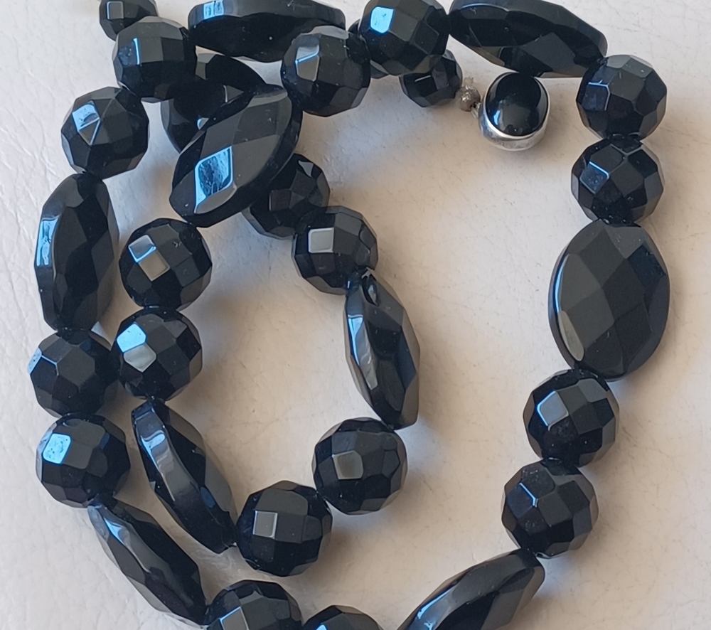 Natural Black Onyx Faceted Necklace 925 Clasp